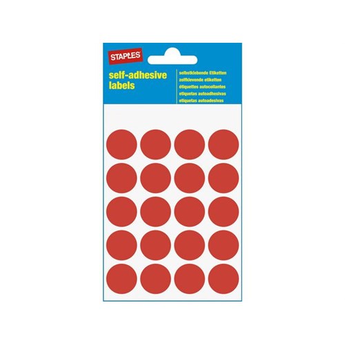 Staples Selvklebende etiketter, runde, 19 mm, 20 etiketter per ark, rød, fp med 100 stk