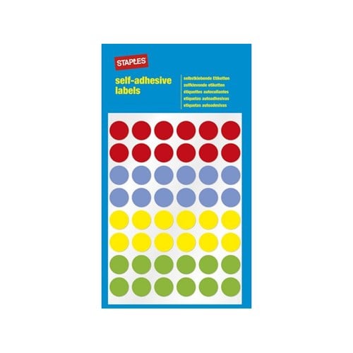 Staples Selvklebende etiketter, runde, 12 mm, 8 etiketter per ark, 4 assorterte farger, fp med 288 s