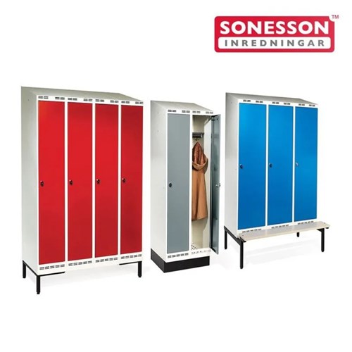 Garderobeskap Sonesson, 1 skap med benstativ, B 300 mm, rød dør og hvit stamme