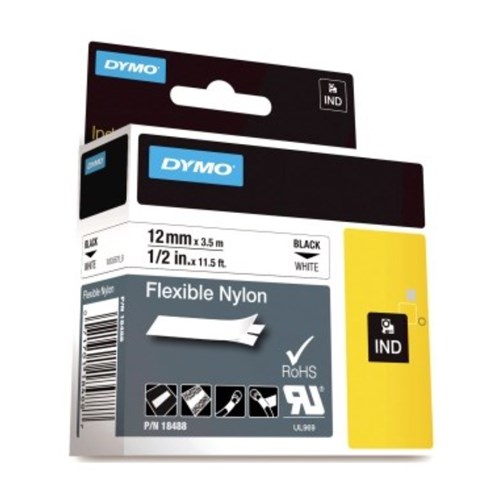 Tape DYMO Rhino nylon sort/hvit 12mm