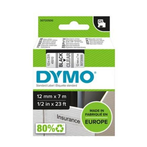 Tape DYMO D1 12mmx7m Sort/Klar