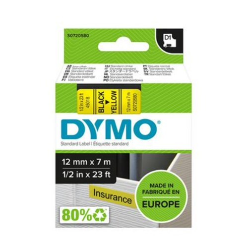 Tape DYMO D1 12mmx7m Sort/Gul