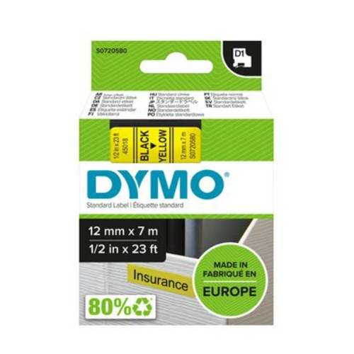 Tape DYMO D1 12mm x 7m sort/gul