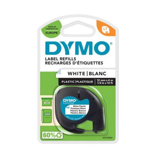 Tape Dymo Letratag 12Mm Plast Sort/Hvit
