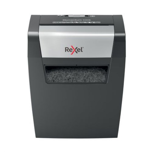 Rexel krysskuttende makuleringsmaskin, Rexel Momentum X308, 8 ark, 42 mm skjærebredde, sort, stk
