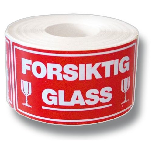 Etikett "Forsiktig Glass" Rl A 500