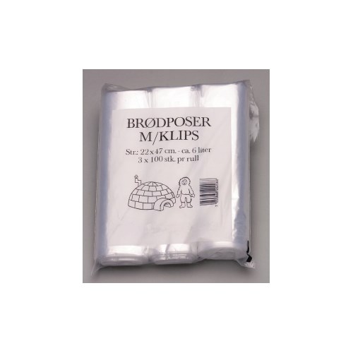 Brødpose Plast 220X470Mm Klips (300)  3 Rl/Pk